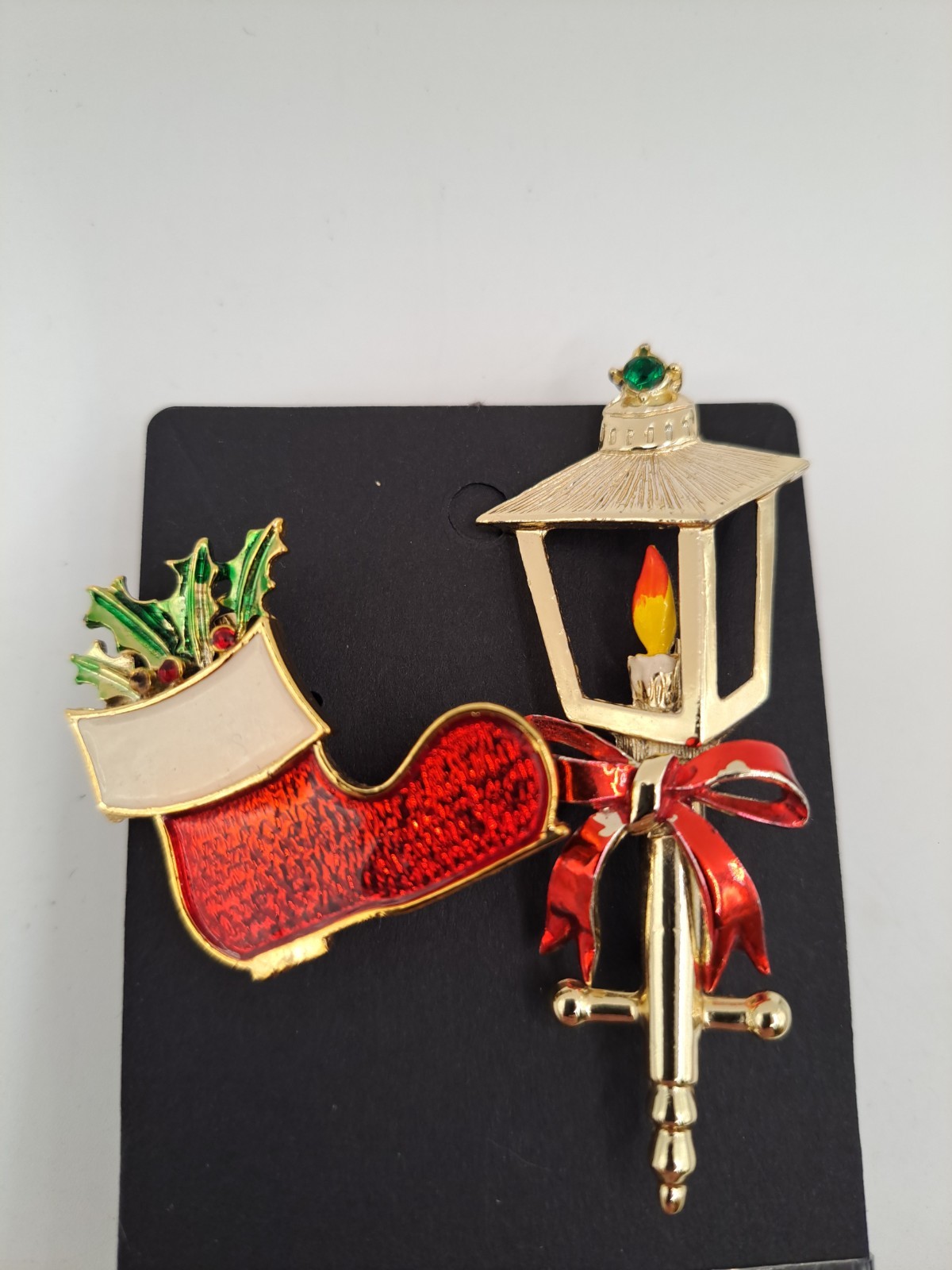 Vintage Lot of 2 Signed BJ Christmas Holiday Jewelry Pins Lamppost Stocking