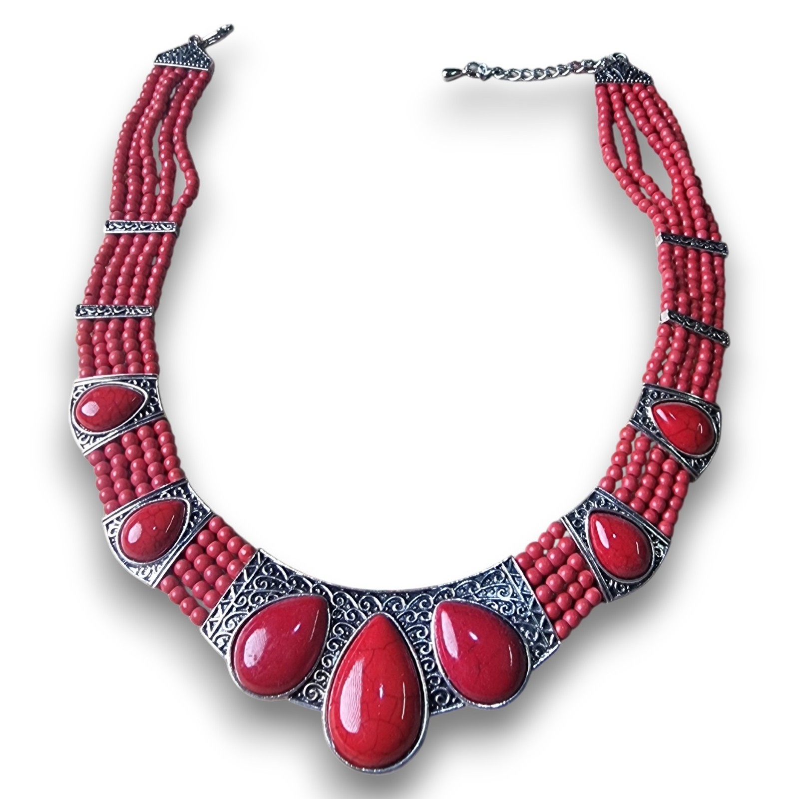Boho Red Bead Multi-Strand Bib Necklace Silver Scrollwork Tribal Statement