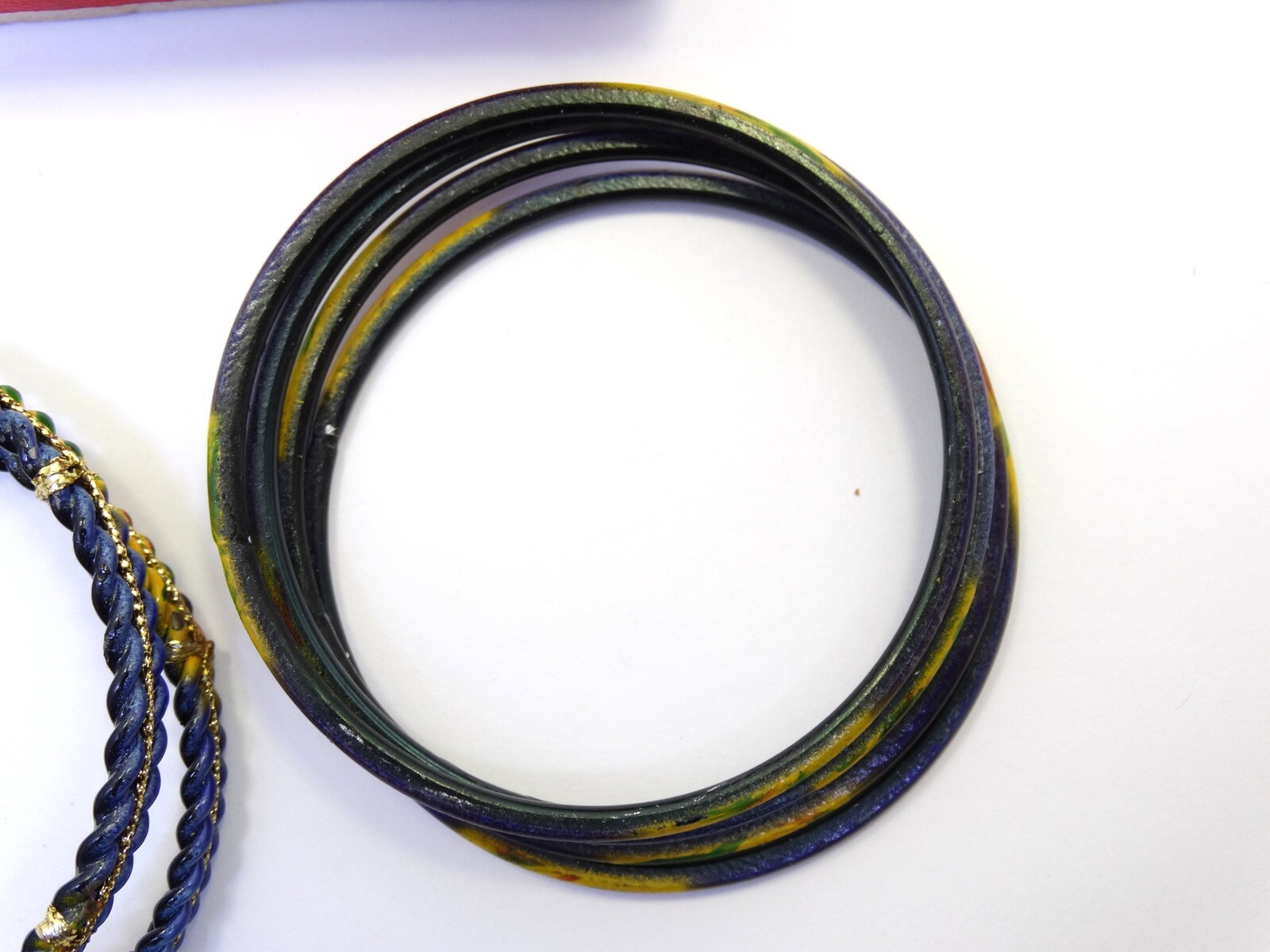 Vintage Old Indian Ceramic/Blue Enamel SATYAM Jewellers India 6pc Bangle Set