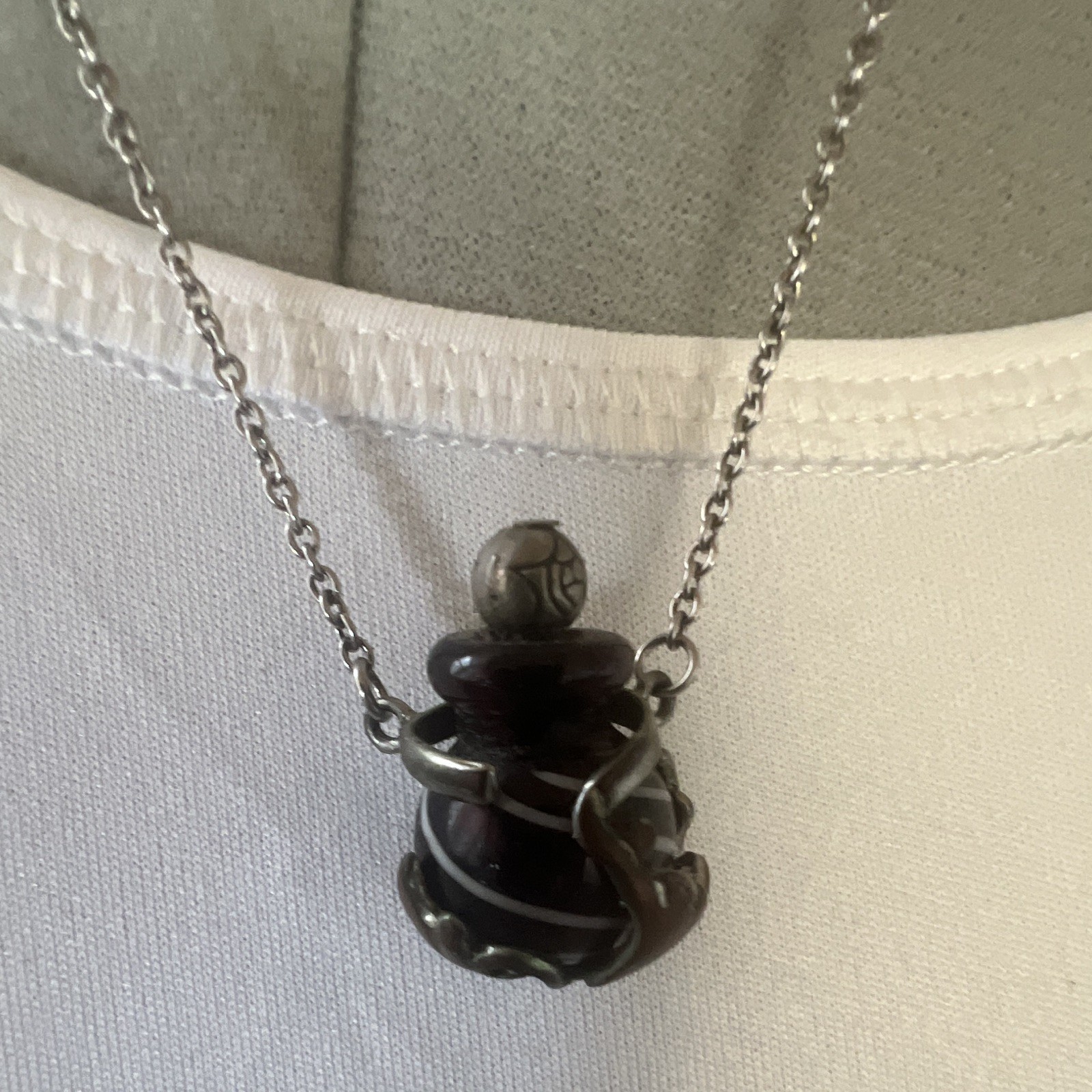 Silver Tone Cable Chain Necklace, Black Round Wrap Charm Pendant, Lobster