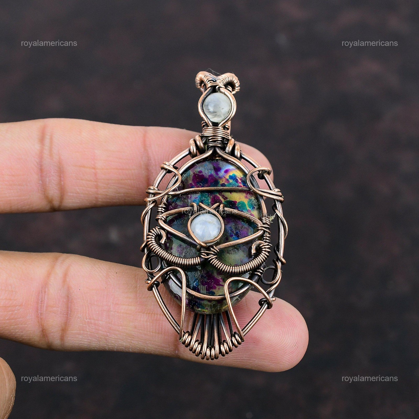 Multi Fire Labradorite Gemstone Rainbow Moonstone Twisted Pendant Jewelry Copper