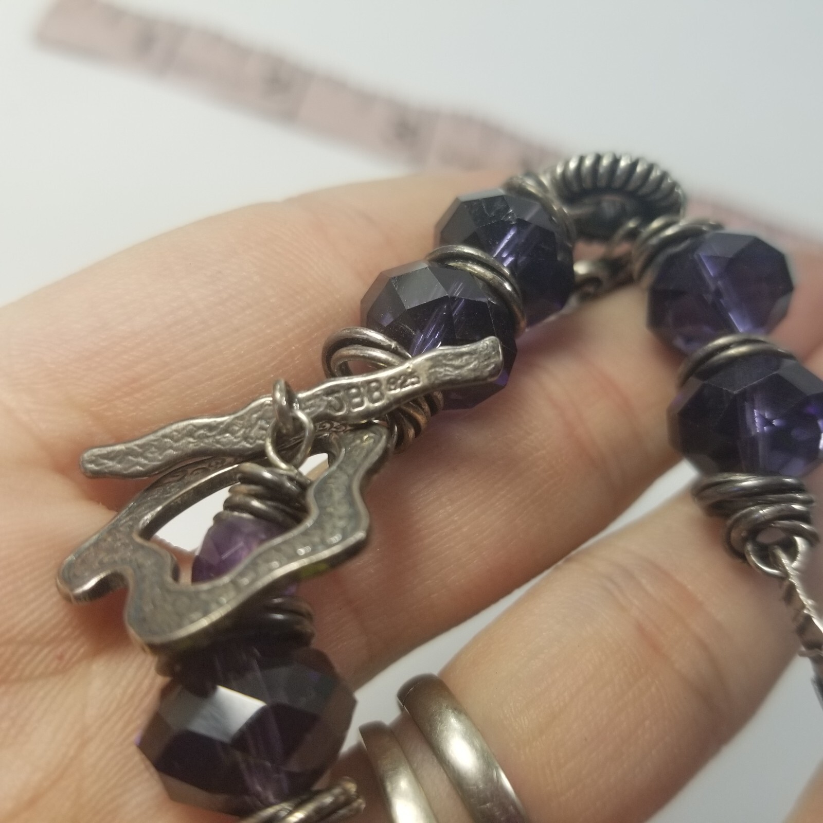 JBB Joshua Benbassat Sterling Silver Art Purple Bead Charm Bracelet with Charms
