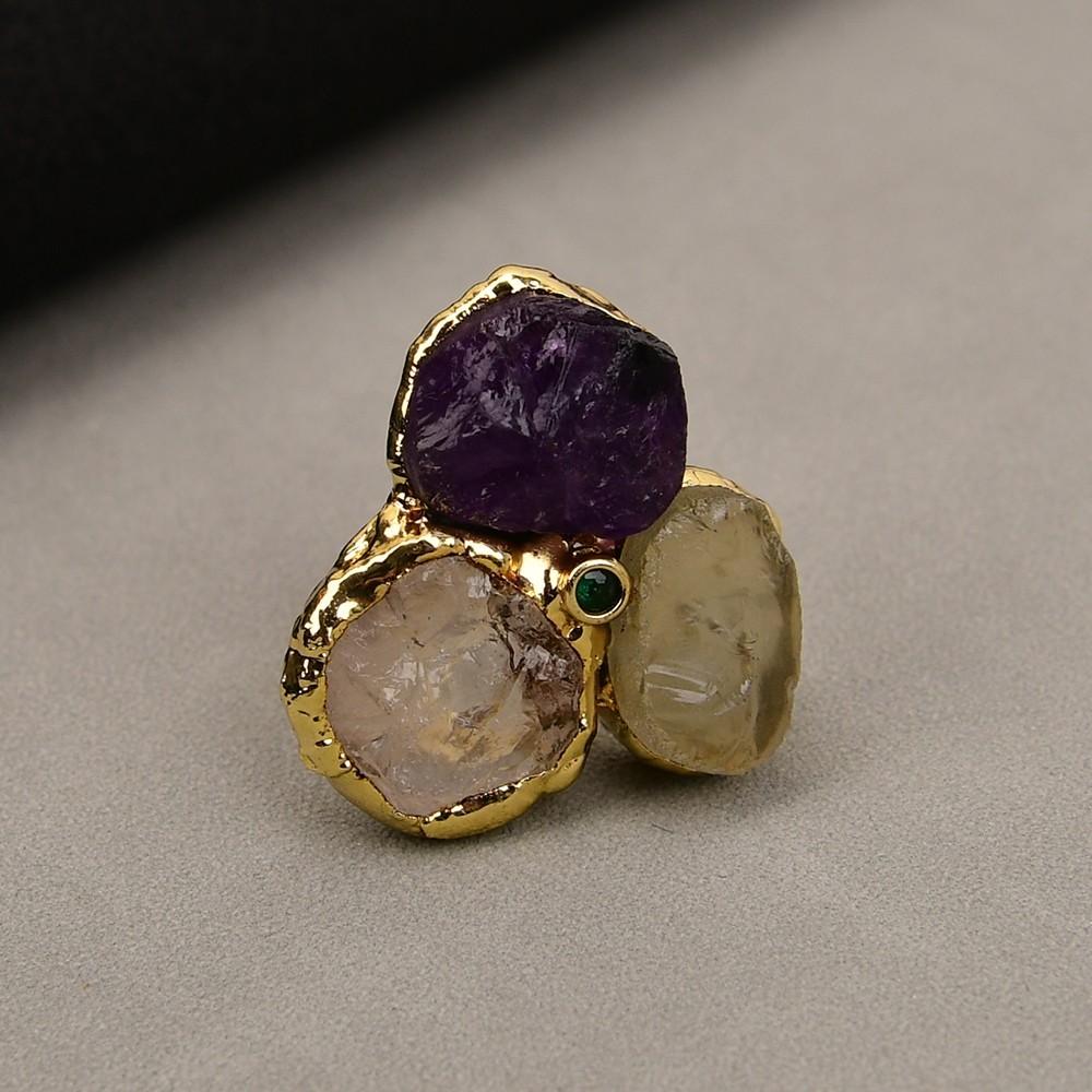 Natural Purple Amethyst Quartz Yelllow Citrine Gold Plated Rings For Women
