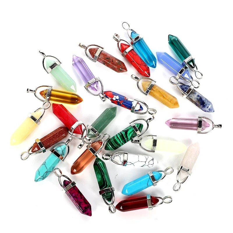 Wholesale 30pcs Natural Mixed Stone Pendants Hexagonal Pillar Pendulum Necklaces