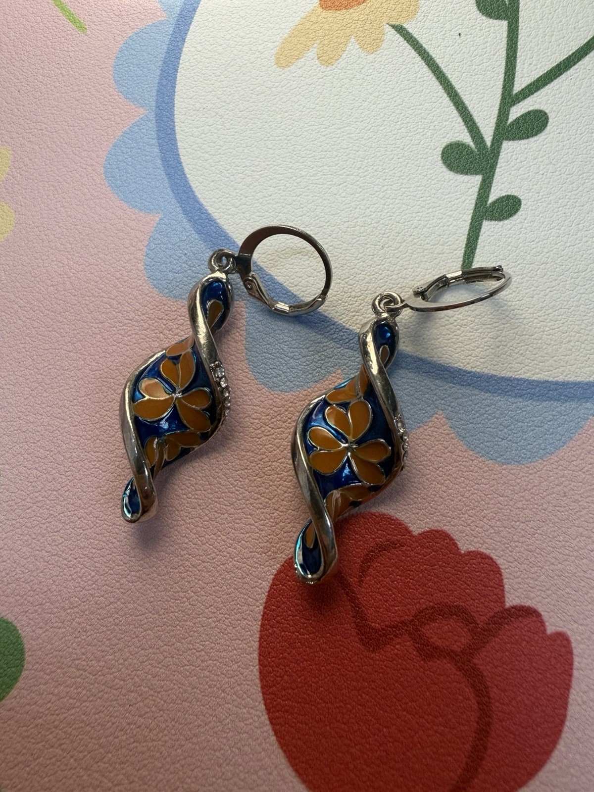 Blue Orange Enamel Floral Dangle Drop Leverback Earrings Silver Tone