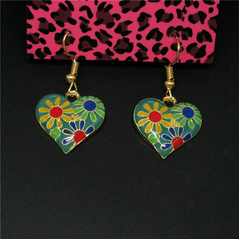 Cute Gold Green Multicolor Enamel Flower Heart Charm Hook Dangle Drop Earrings