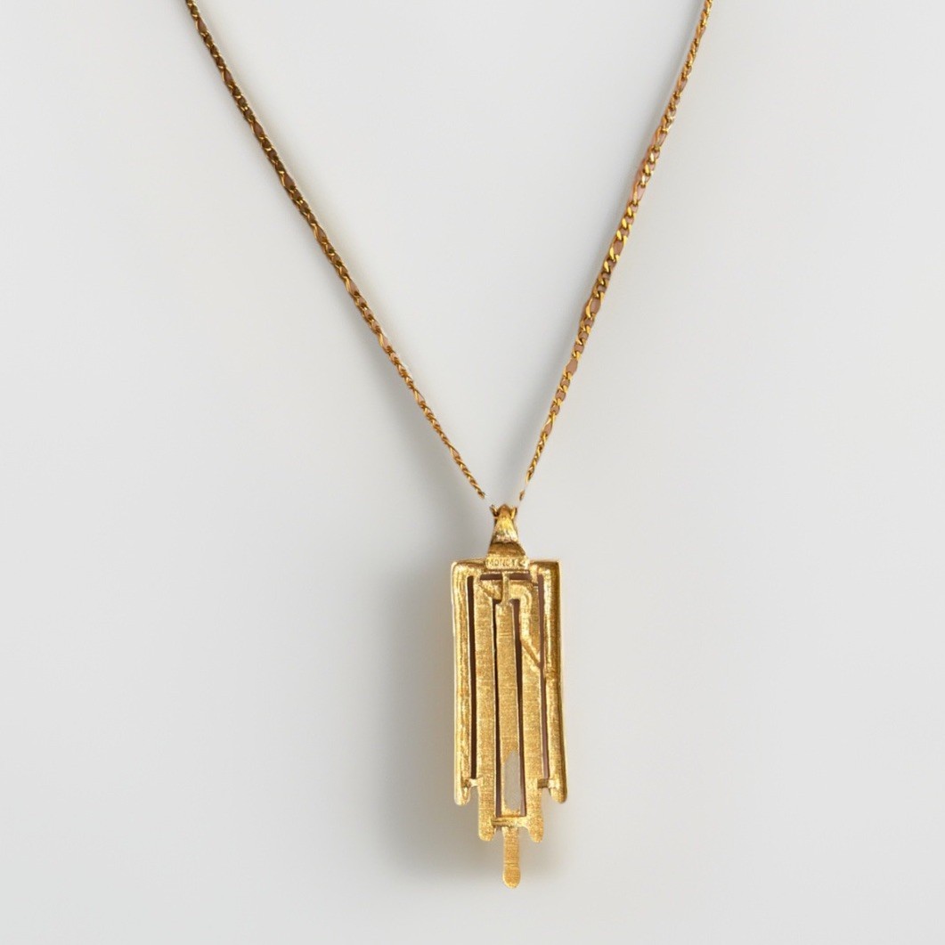 Monet Art Deco Style Necklace Textured Gold Tone Pendant Modernist Vibe 24” POSH