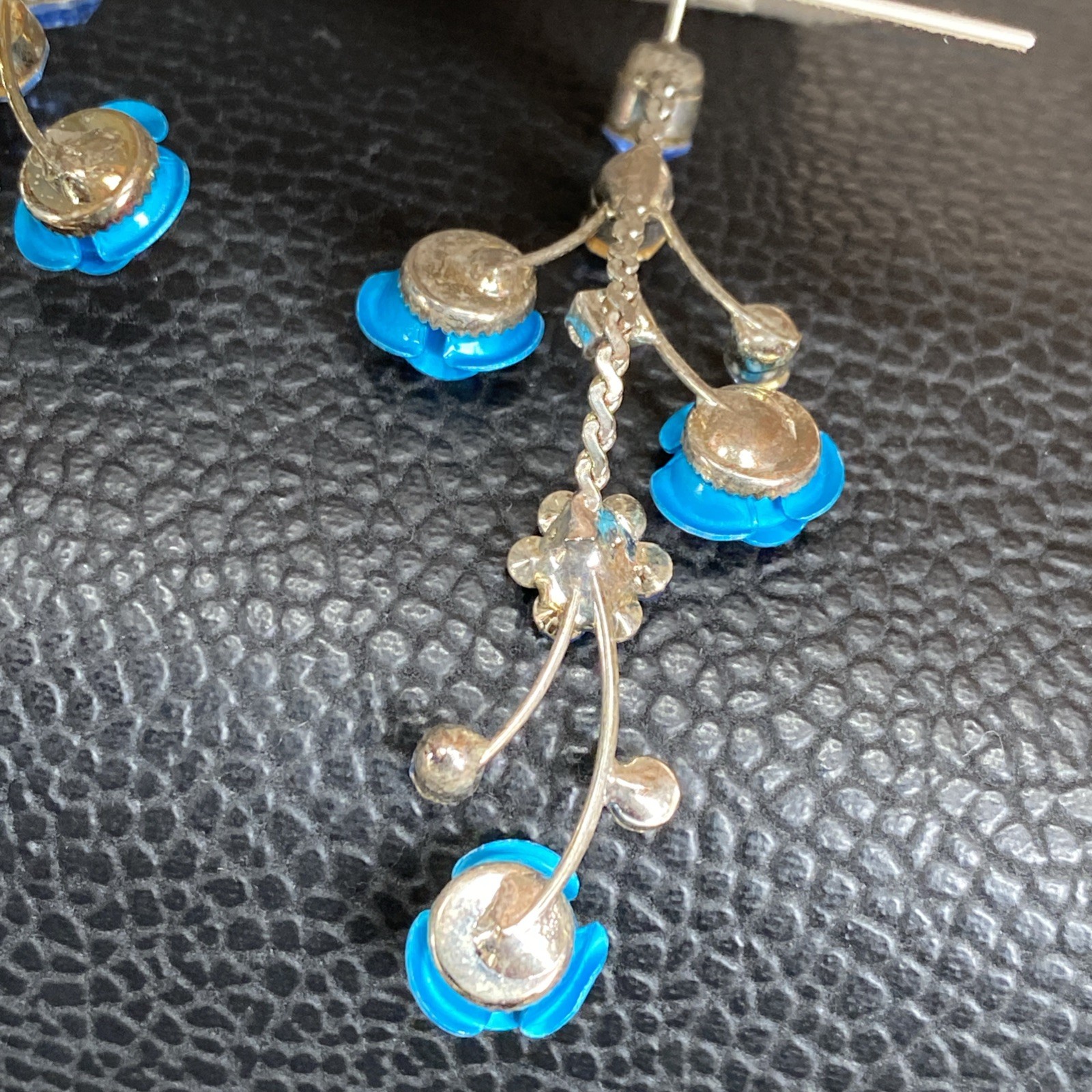 Faceted Blue Rhinestone Retro Aluminum Rose Dangle Silvertone Flower Earrings