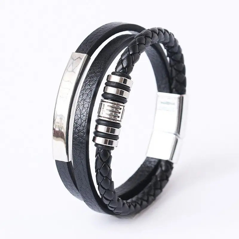 Men Jewelry Black Braided Leather Bracelet Multi-Layer Stainless Steel Clasp A