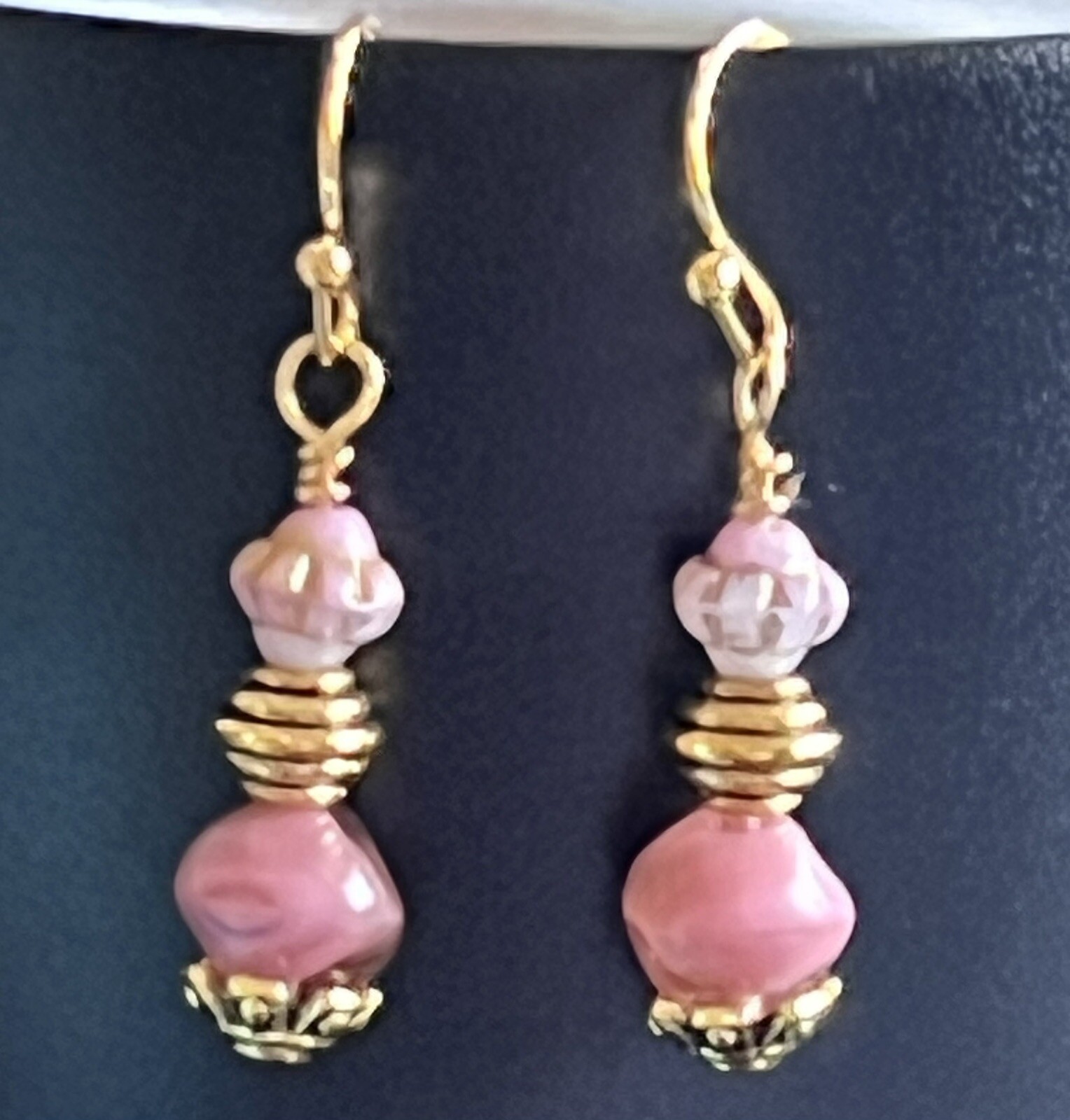 Etched Gold and Pink Picasso Bead Dangle Earrings. Boho Chic