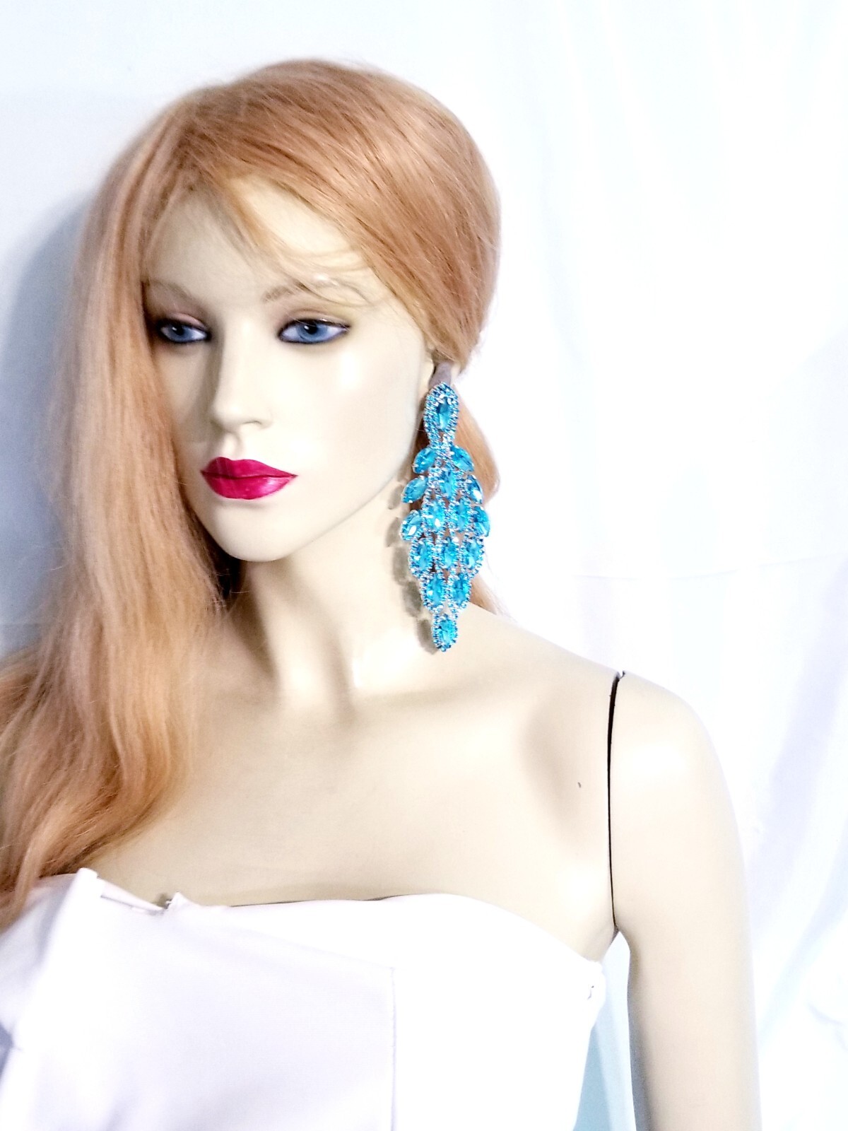 PIERCED Drop Dangle Chandelier Earrings 5.4 inch Aqua Rhinestone Pageant Prom