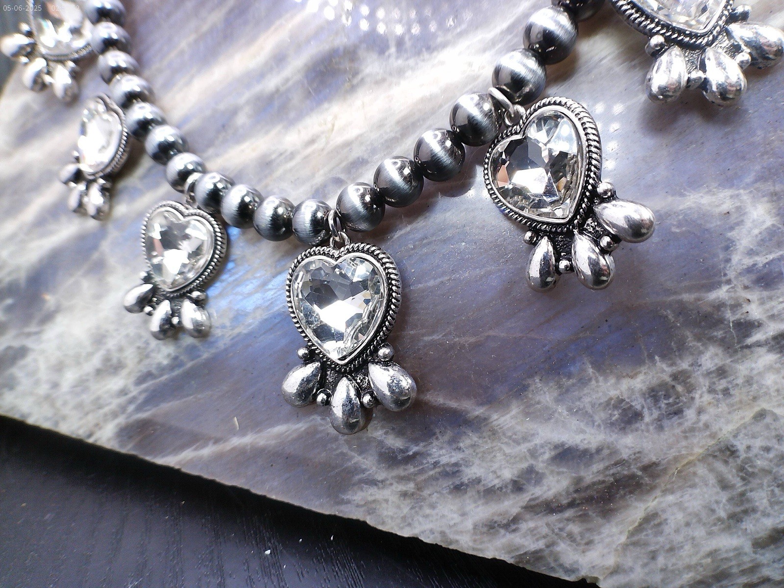 Western Clear Crystal Heart Necklace Navajo Pearl Style Cowgirl Statement Rodeo