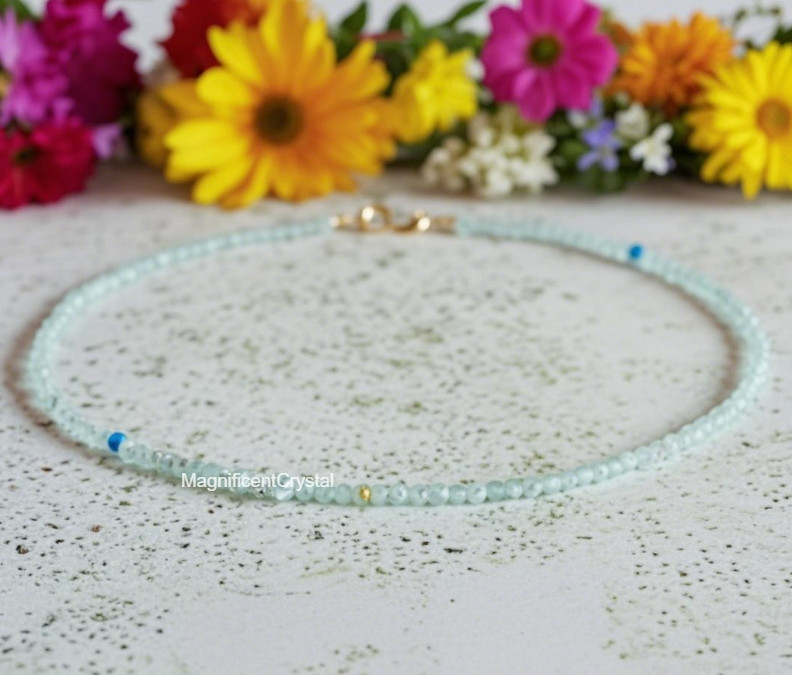 Dainty Aquamarine Beaded Faceted Blue Gemstone Anklet Healing Summer Women Gift