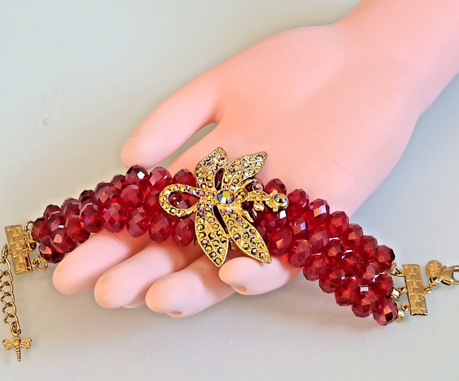 SALE Kirks Folly Dragonfly Desire 3 Strand Crystal Bracelet RUBY RED 9 IN WOW