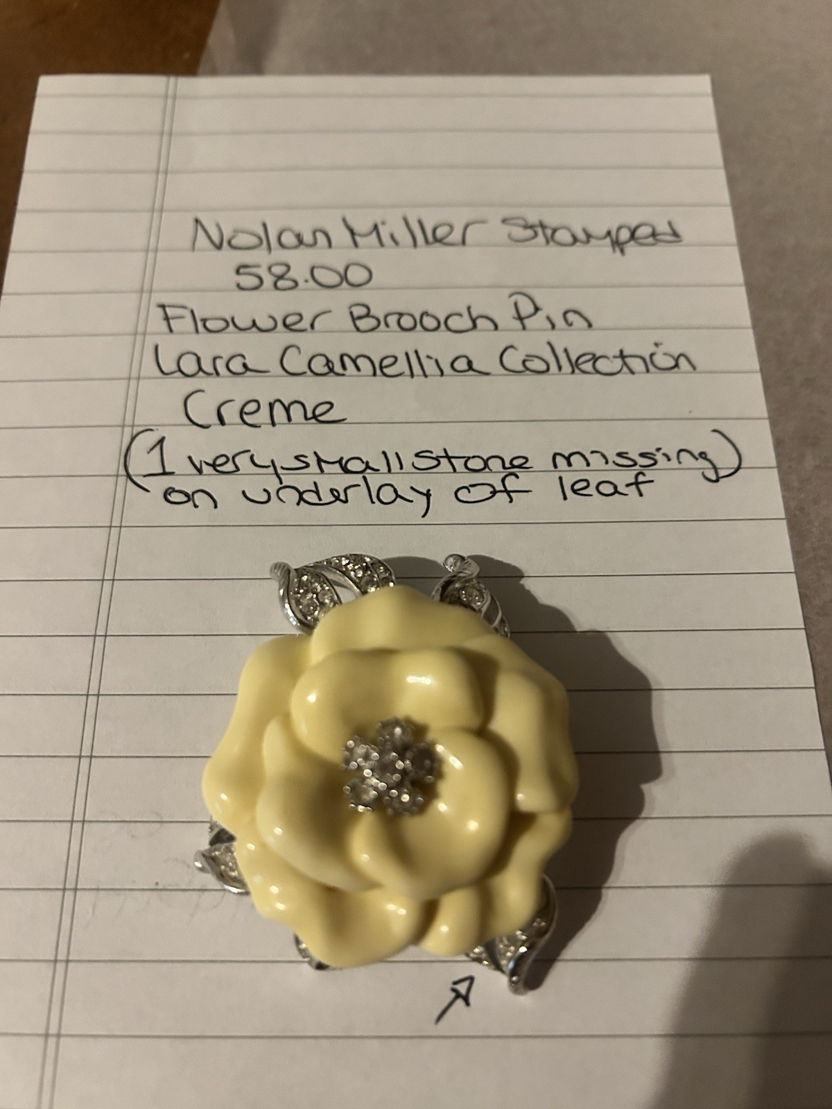 Nolan Miller Vintage Signed Flower Brooch Pin Cream Silver Clear Rhinestones