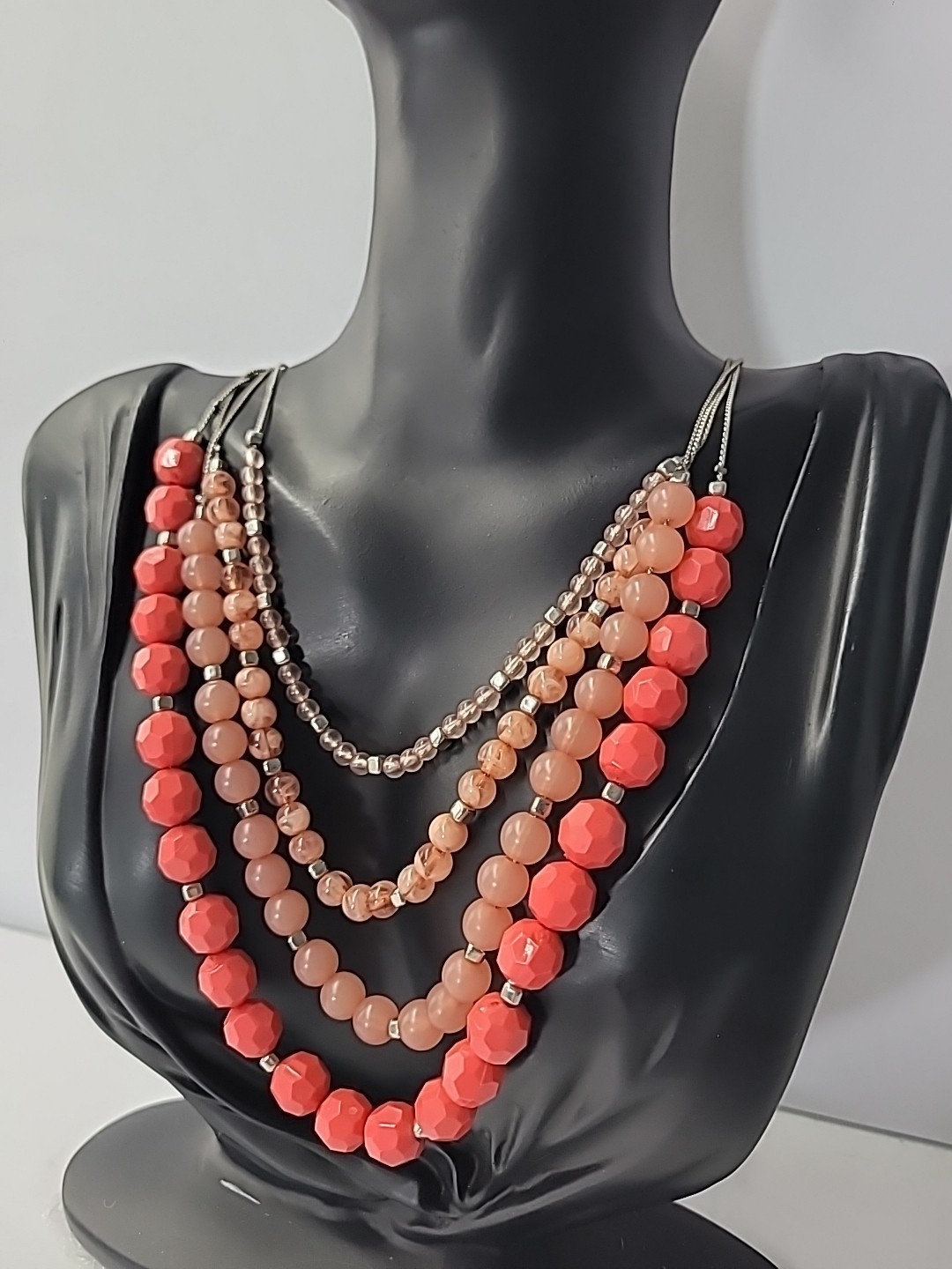 Multi Strand Coral Peach Beaded Statement Necklace Layered Fashion Jewelry