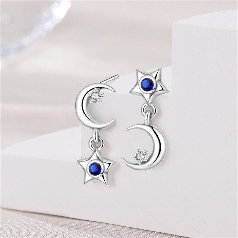 PANDACH 25 Sterling Silver Asymmetric Star & Moon Stud Earrings For Women Gifts