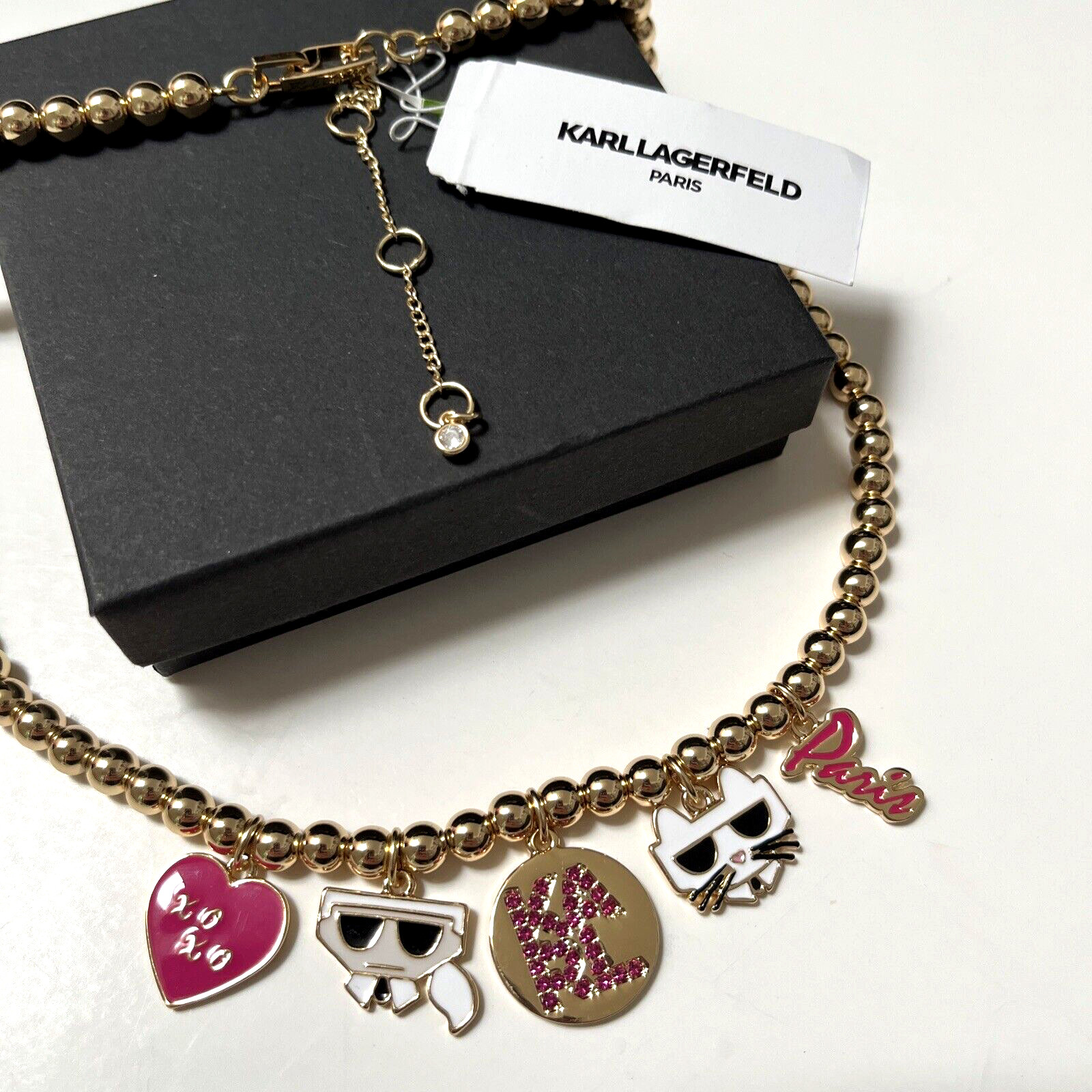 New KARL LAGERFELD Paris Charm Fashion Necklace Choupette Cat Pink Rhinestone