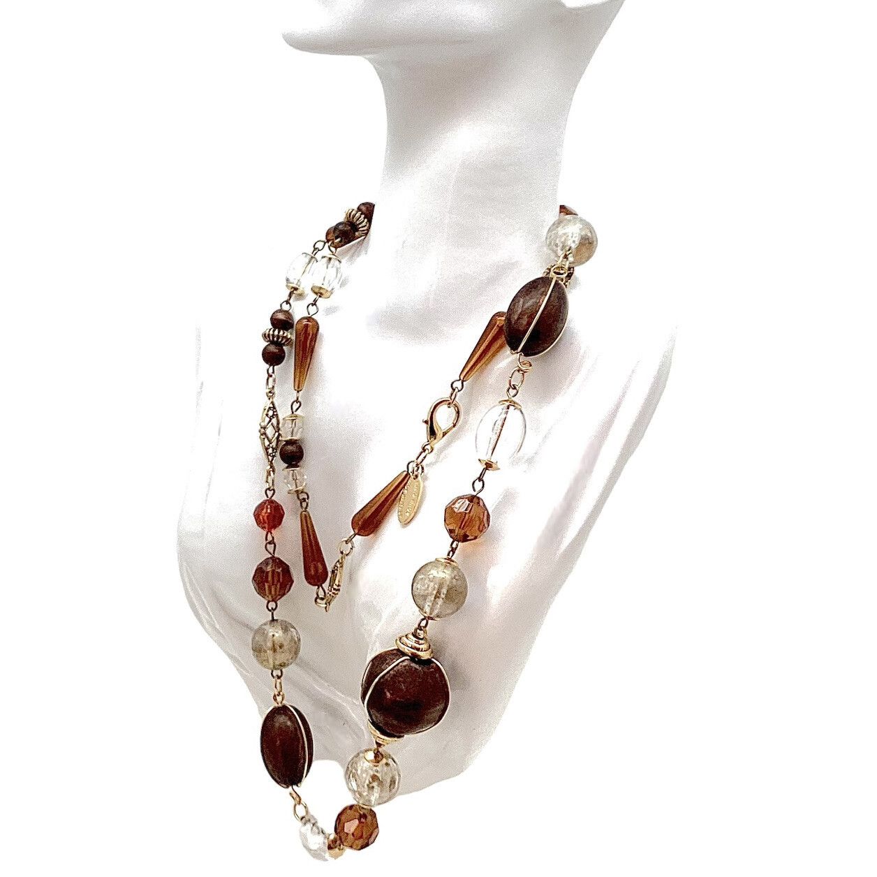 Italy Express 36” Long Beaded Necklace Gold Tone Mixed Materials Statement