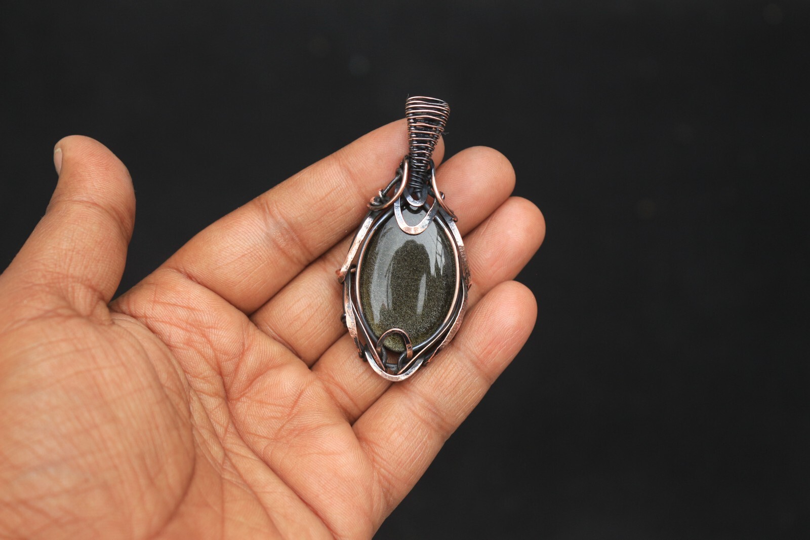 Golden Sheen Obsidian Copper Pendant Wire Wrap Gemstone fashion Jewelry N474