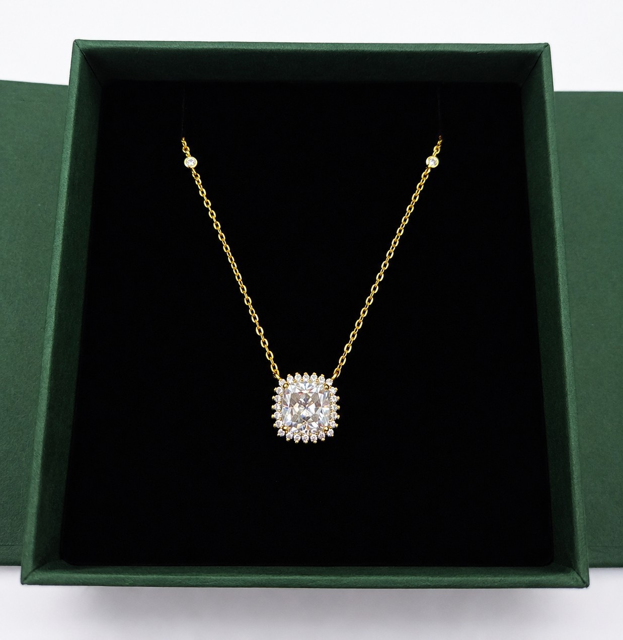18K Gold Plated Moissanite Halo Necklace Cushion Cut Pendant Silver