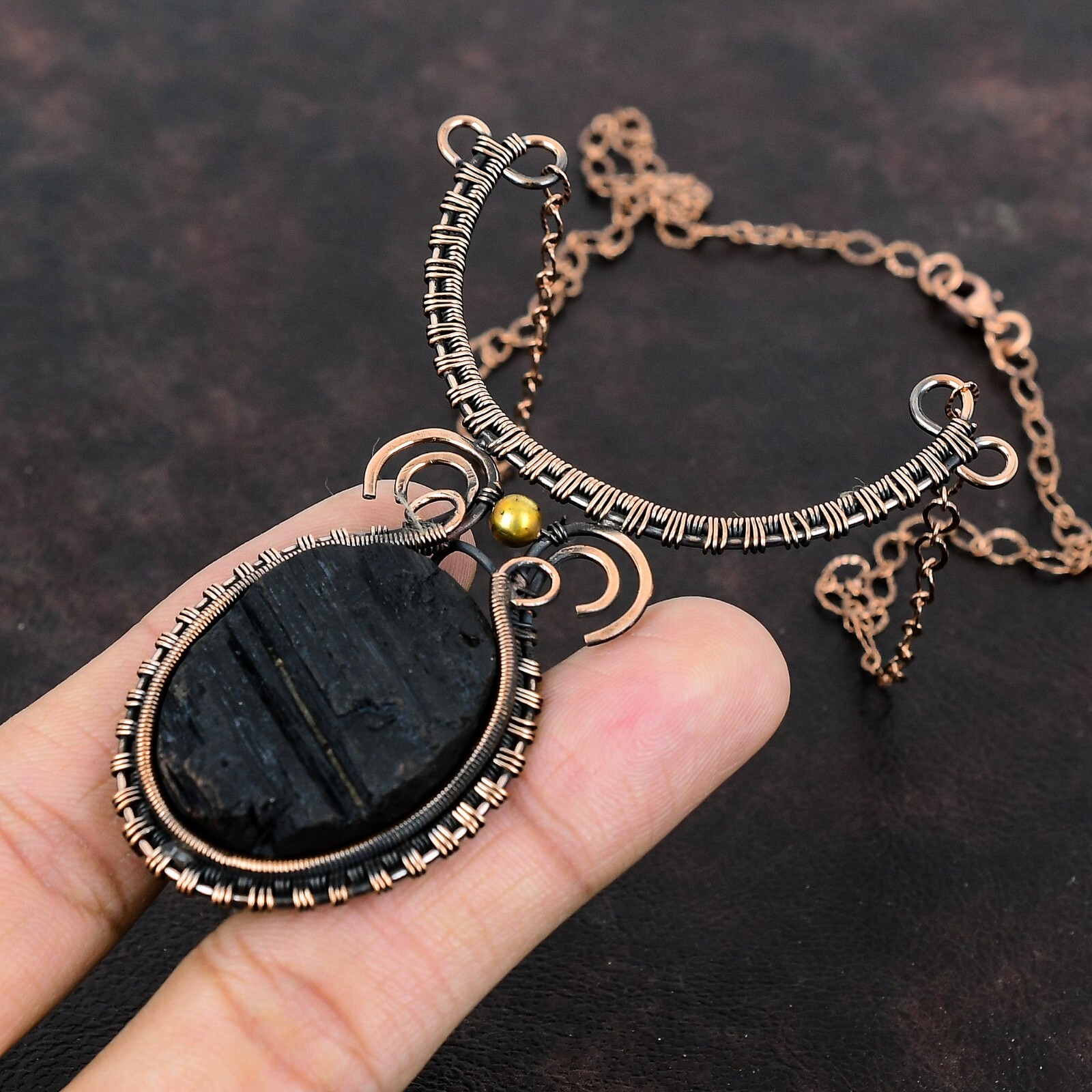 Black Tourmaline Rough Copper Gift For Bestie Wire Wrapped Adjustable 18.0″