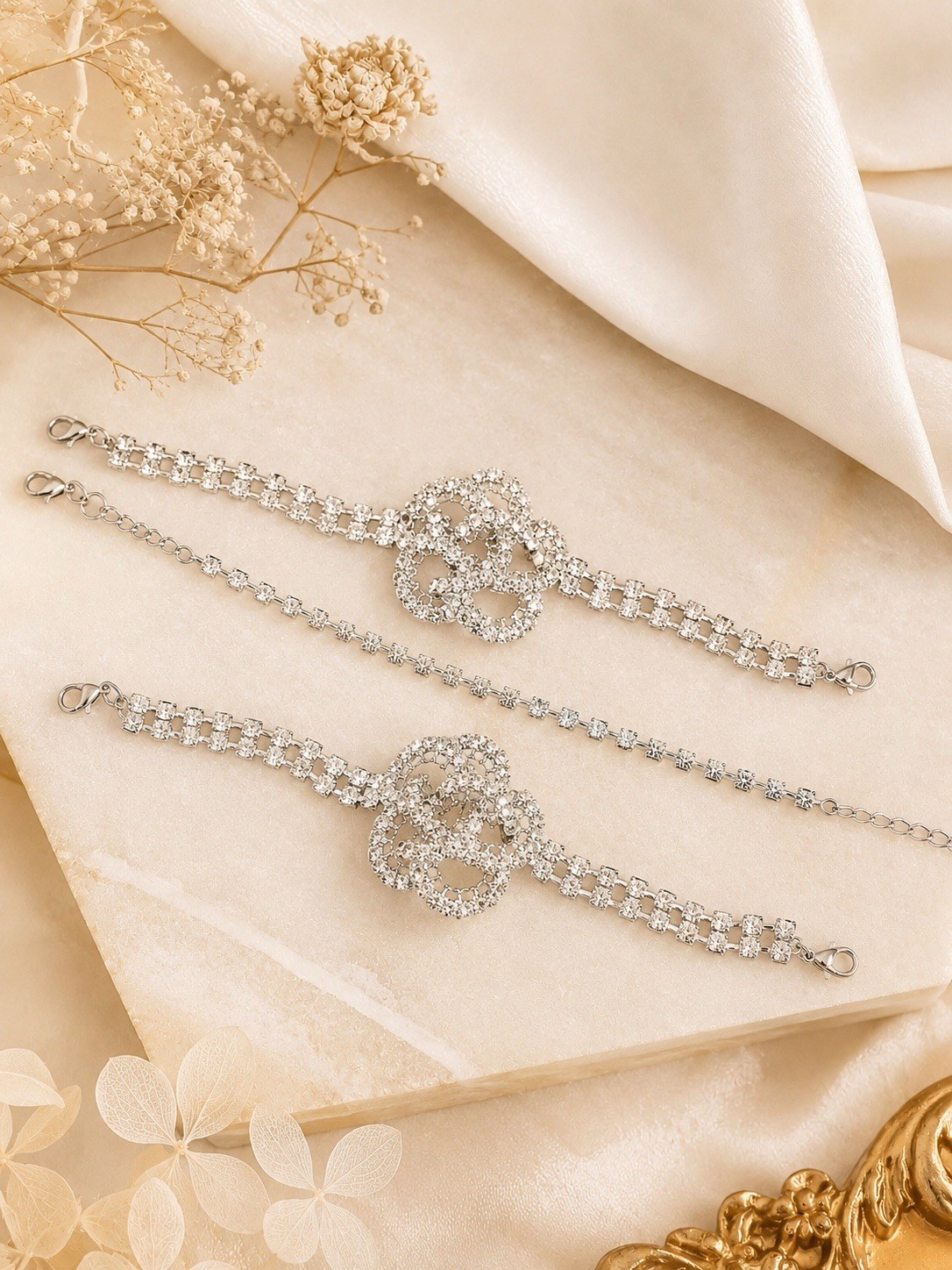 3PCS Crystal Flower Bracelet Set Silver Rhinestone Adjustable Gift Box Included