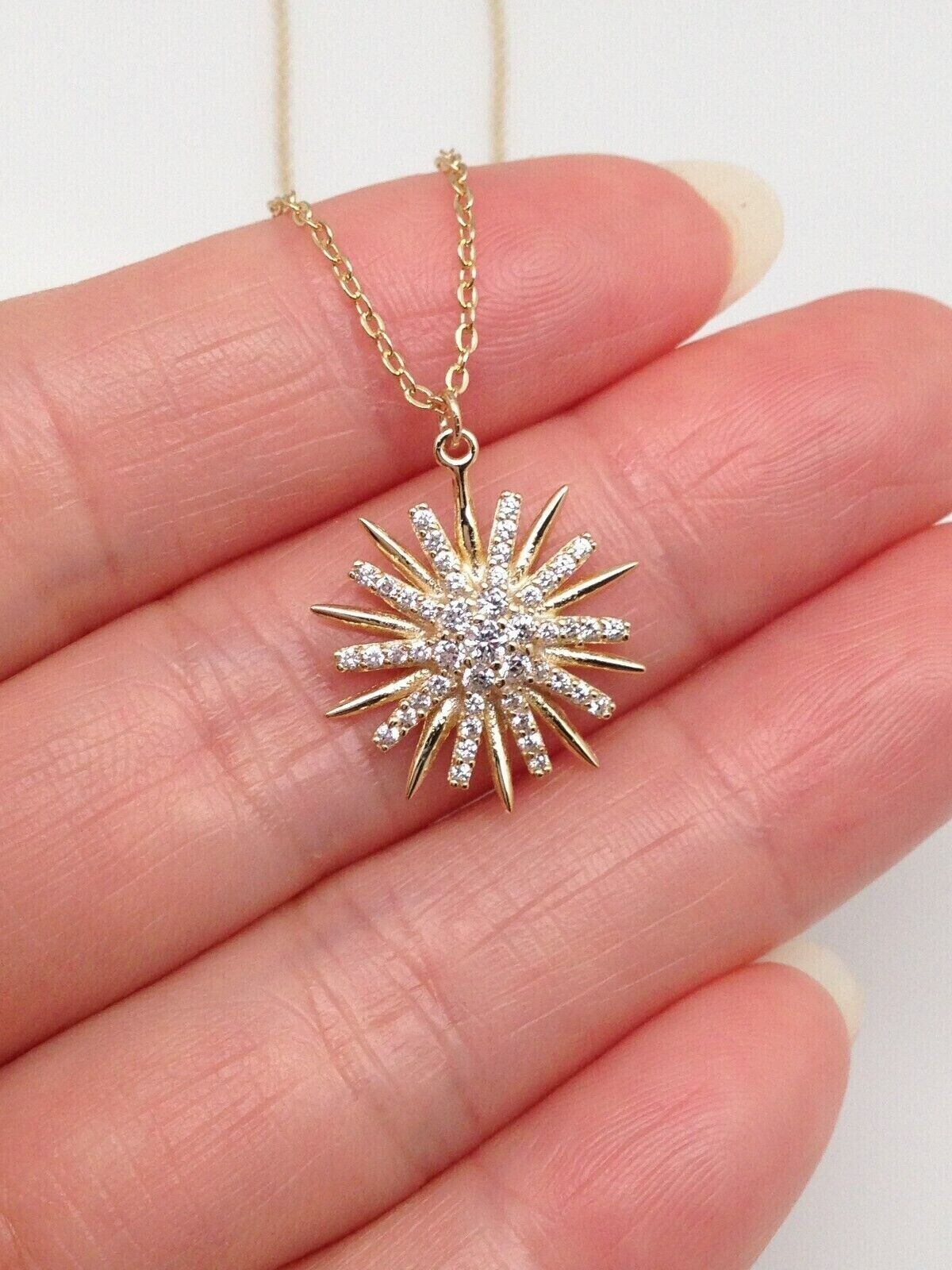 925 Sterling Silver CZ Gold Sunburst Sun Pendant Necklace Women 15mm 16-18″ Tiny