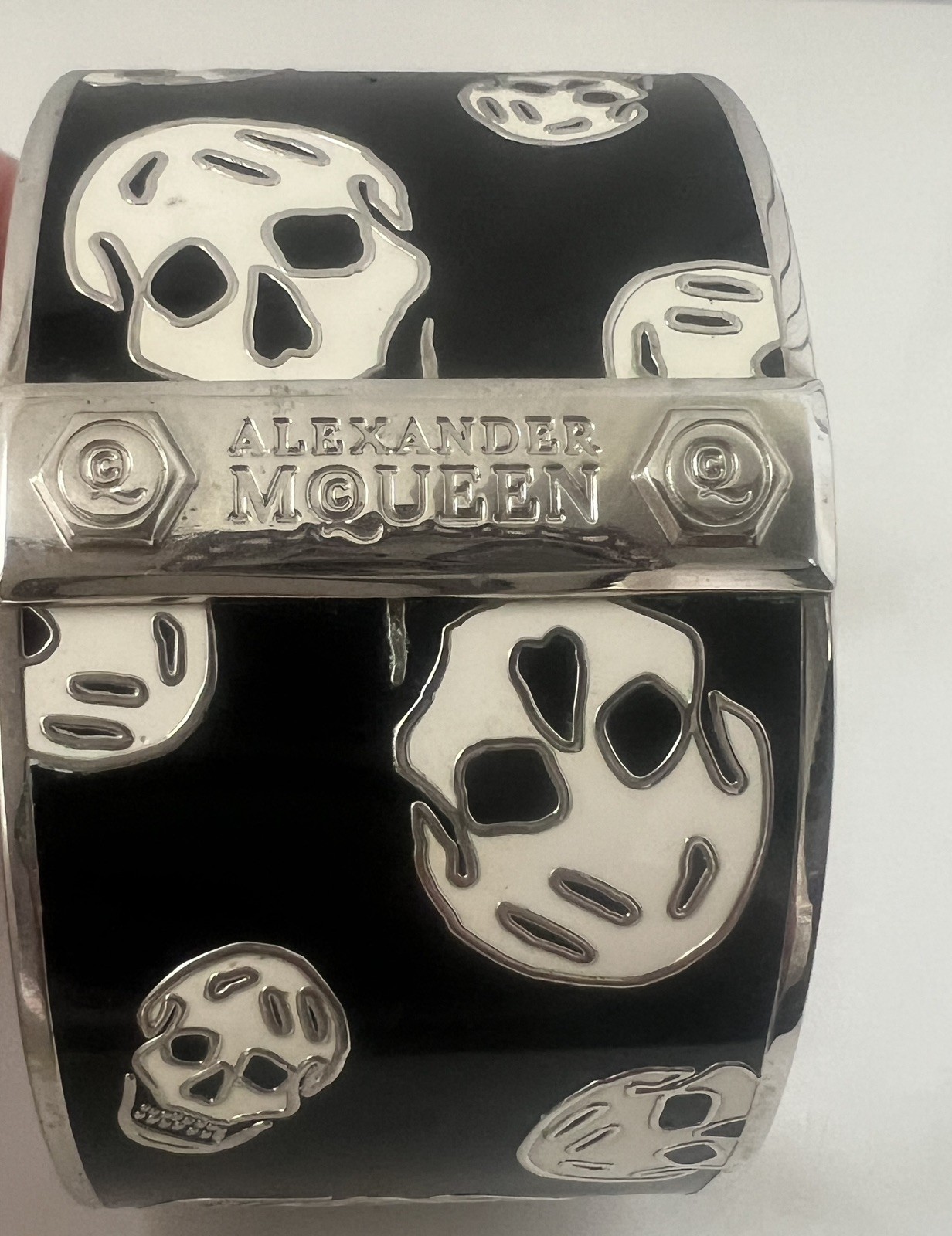 Alexander McQueen Skull Logo Icon Black White Enamel Silver Cuff Bracelet