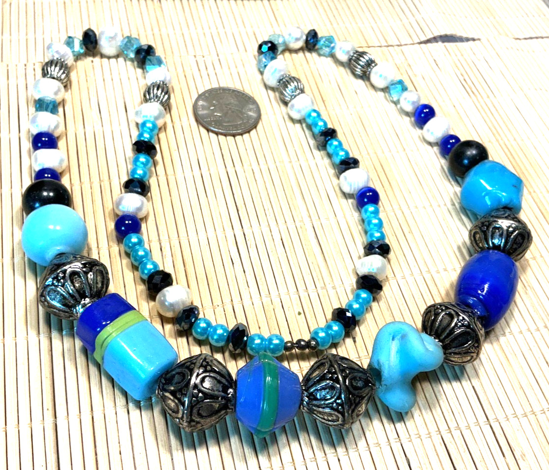 Ethnic Necklace Art Glass Turquoise Blue White Freshwater Pearl Silver Lot 104D