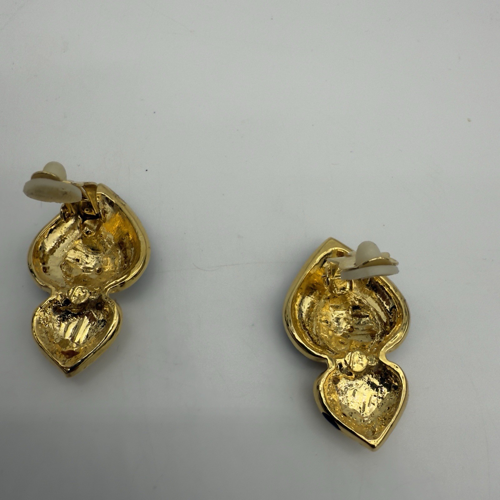 Vtg Pave Rhinestone Heart Earrings Faux Pearl Black Enamel Unsigned Designer