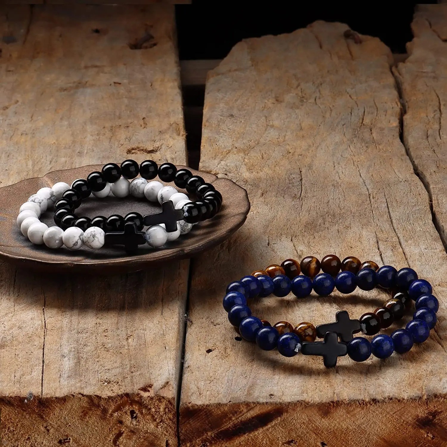 Natural Stone Beads Bracelet Hematite Cross Prayer Yoga Jewelry Men Women