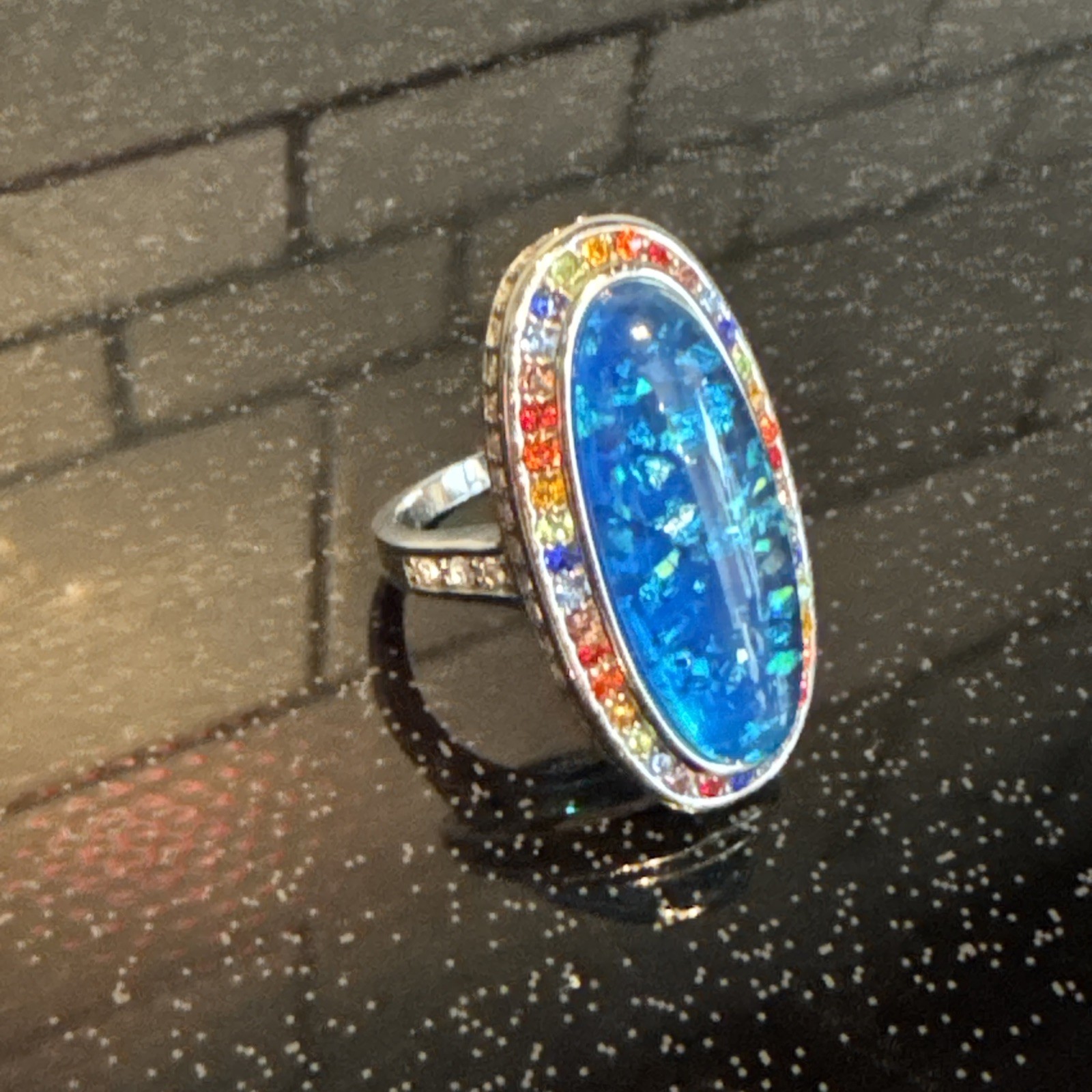 Beautiful Multi Color Austrian Crystal Lab Created Faux Opal Ring Stainless Sz 8