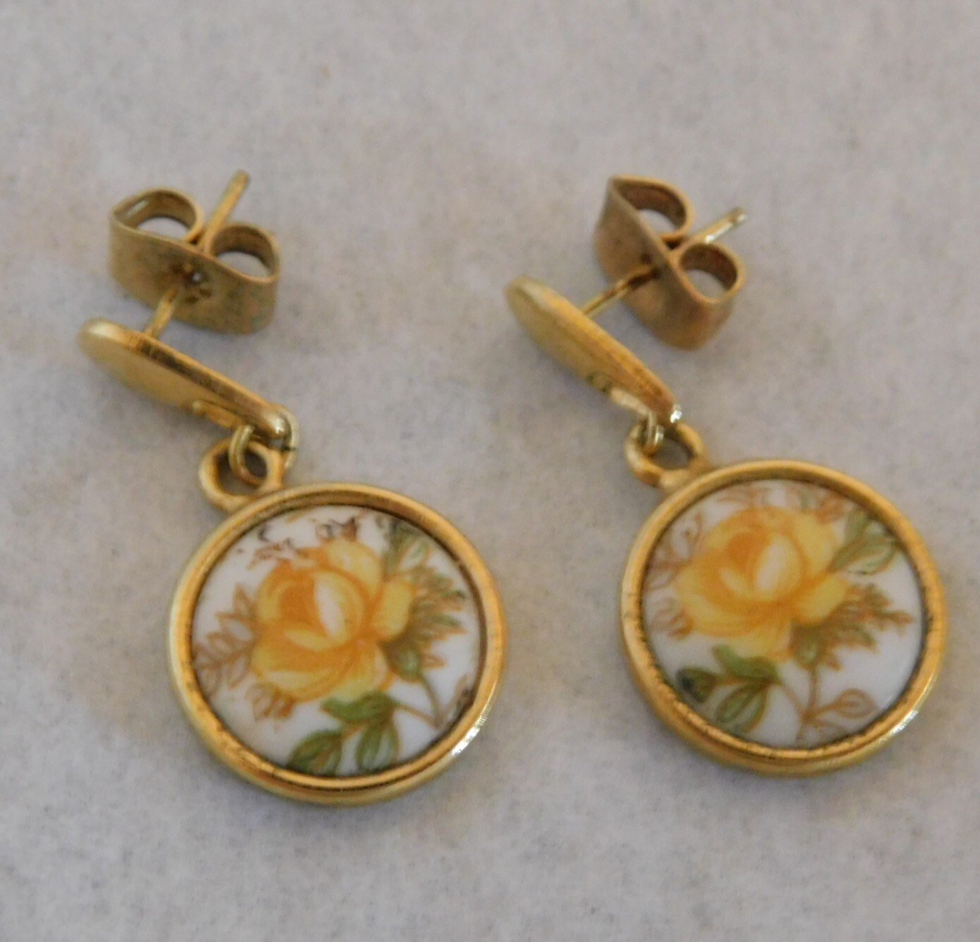 2 Pair Small Earrings – Pierced – Hex Sign + Enamel Ceramic Glass Flower (#E232)