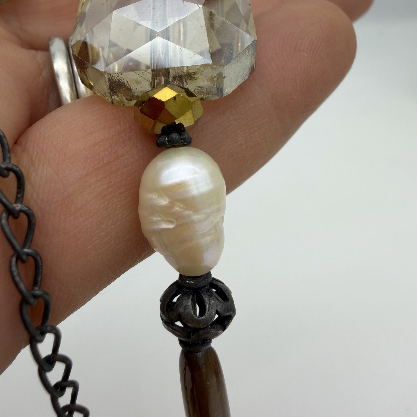 Vtg Sterling Silver Pearl Crystal Necklace Signed Donna Dresler Statement