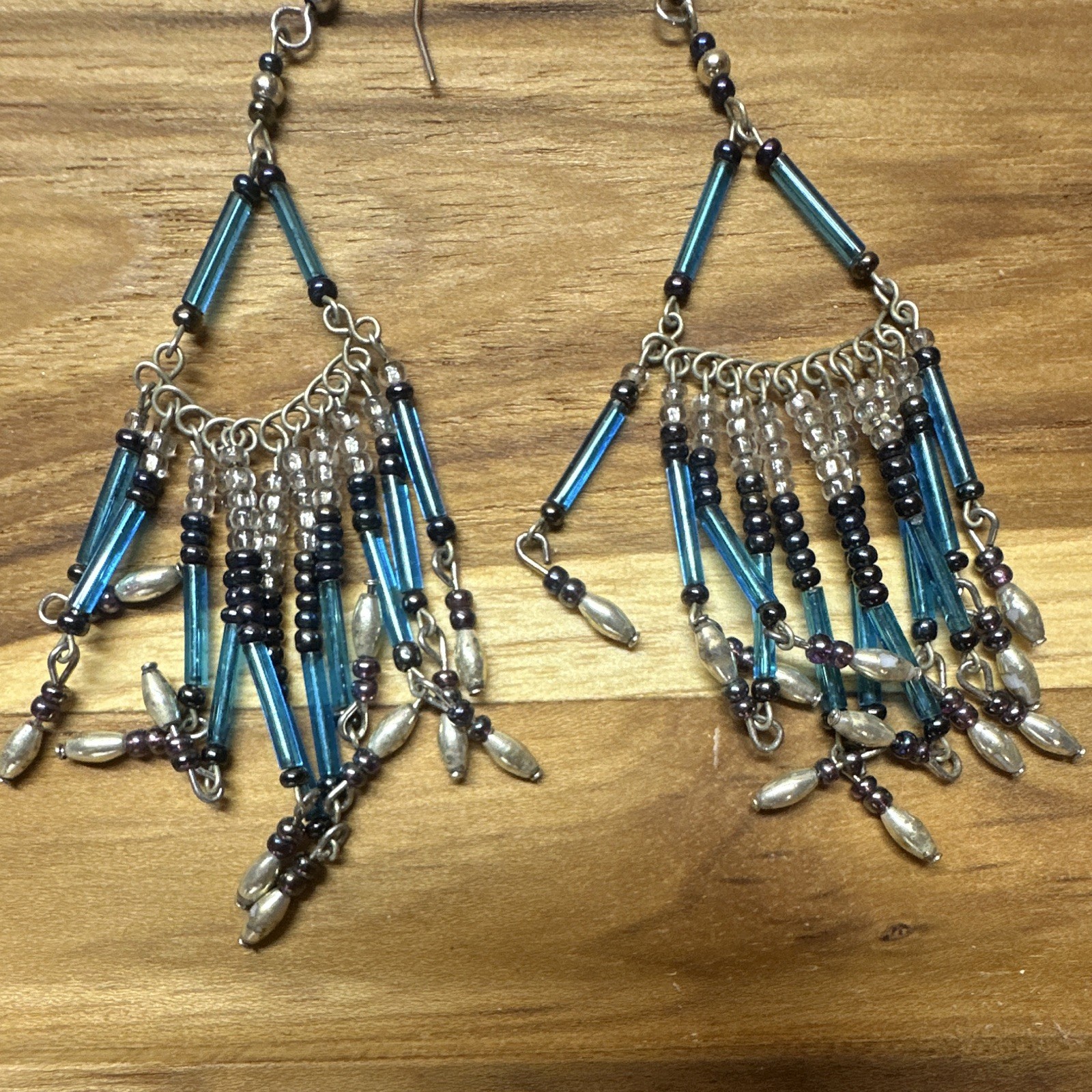 Handmade Blue Glass Tube Beaded Triangle Dangle Hook Earrings, Silver Tone