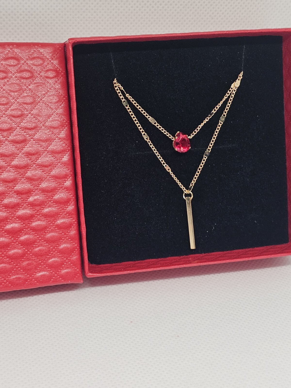 Everyday wear casual ladies Y-drop necklace jewellery red stone gold gift box