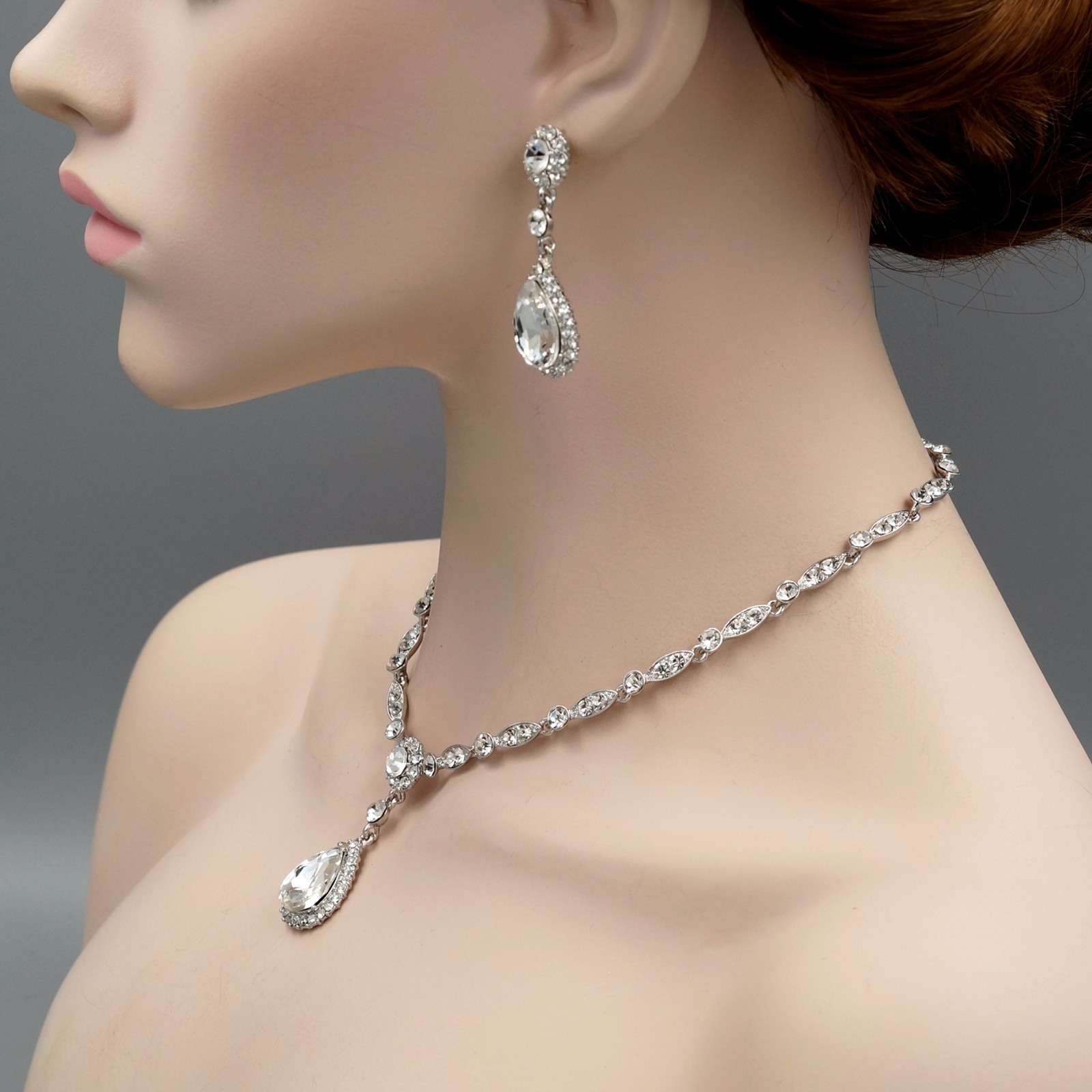 Women Clear Crystal Teardrop Necklace Pendant Earrings Wedding Jewelry Set 9151
