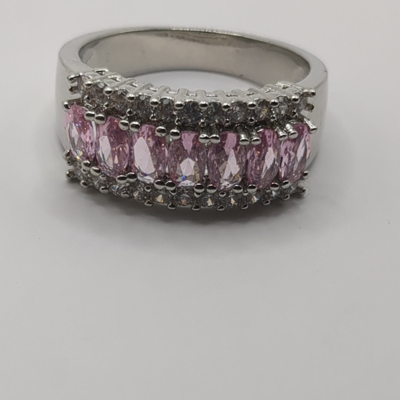 Silver Tone Band Ring Marquise Pink Stones Prong Set 10+ Gemstones
