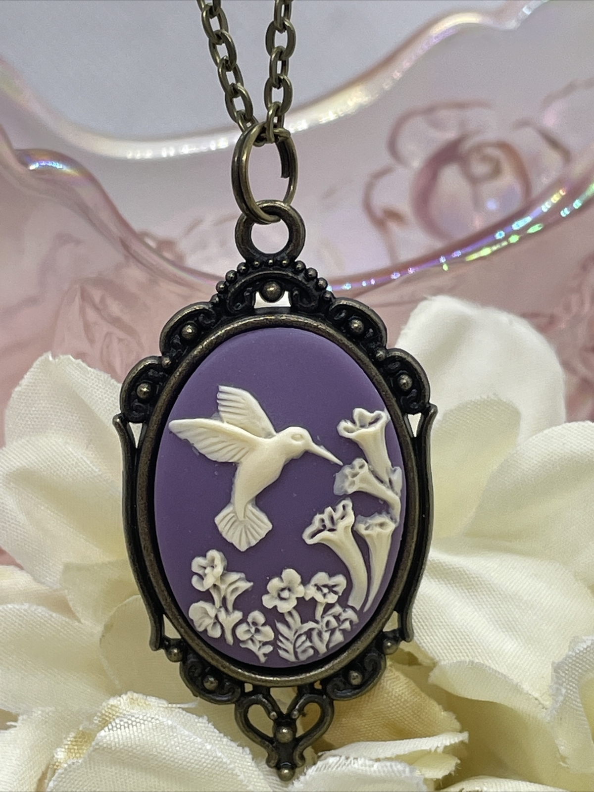Purple Bronze Hummingbird Necklace Pendant Cameo Mom Daughter Birthday wedding