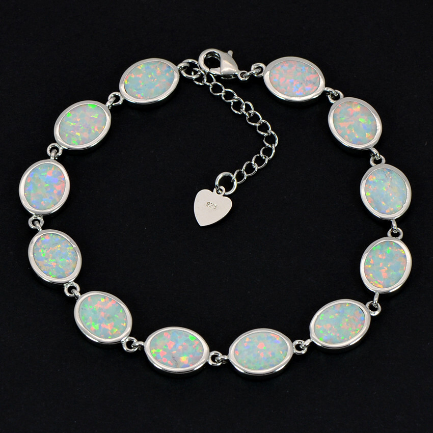 Hawaii Blue/White/Orange/Pink Oval 925 Sterling Sliver Fire Opal Bracelet 18cm
