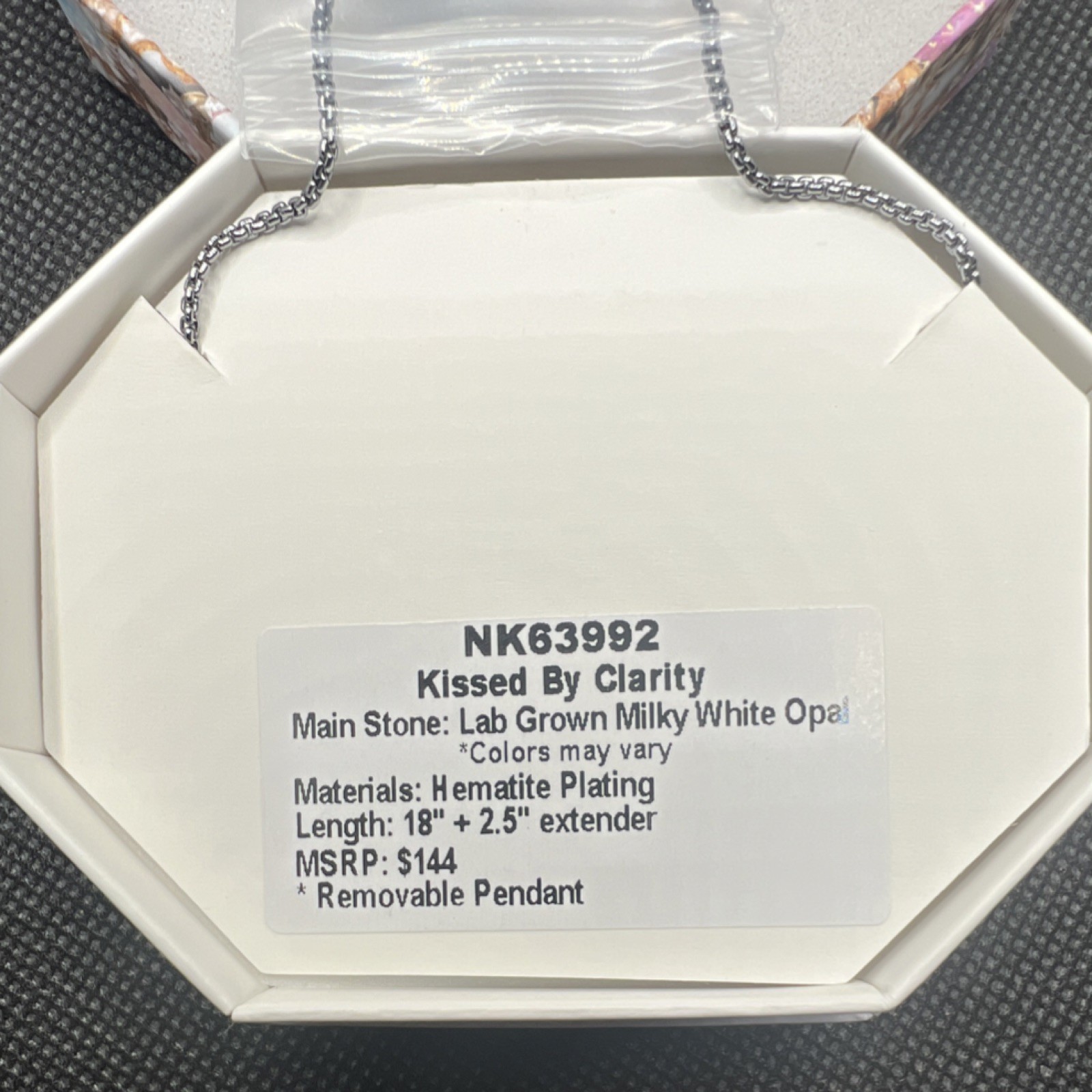 BP NK63992 Hematite Plated CZ Lab White Oval Opal Pendant Necklace 18in(517)