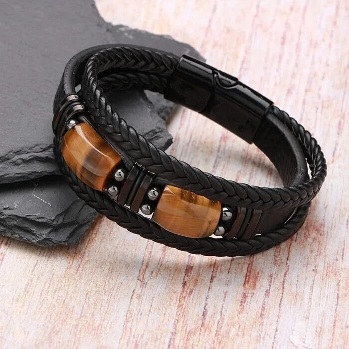 Tiger Eye Black Leather Men Bracelet Strength Crystal Stone Healing Fashion Gift