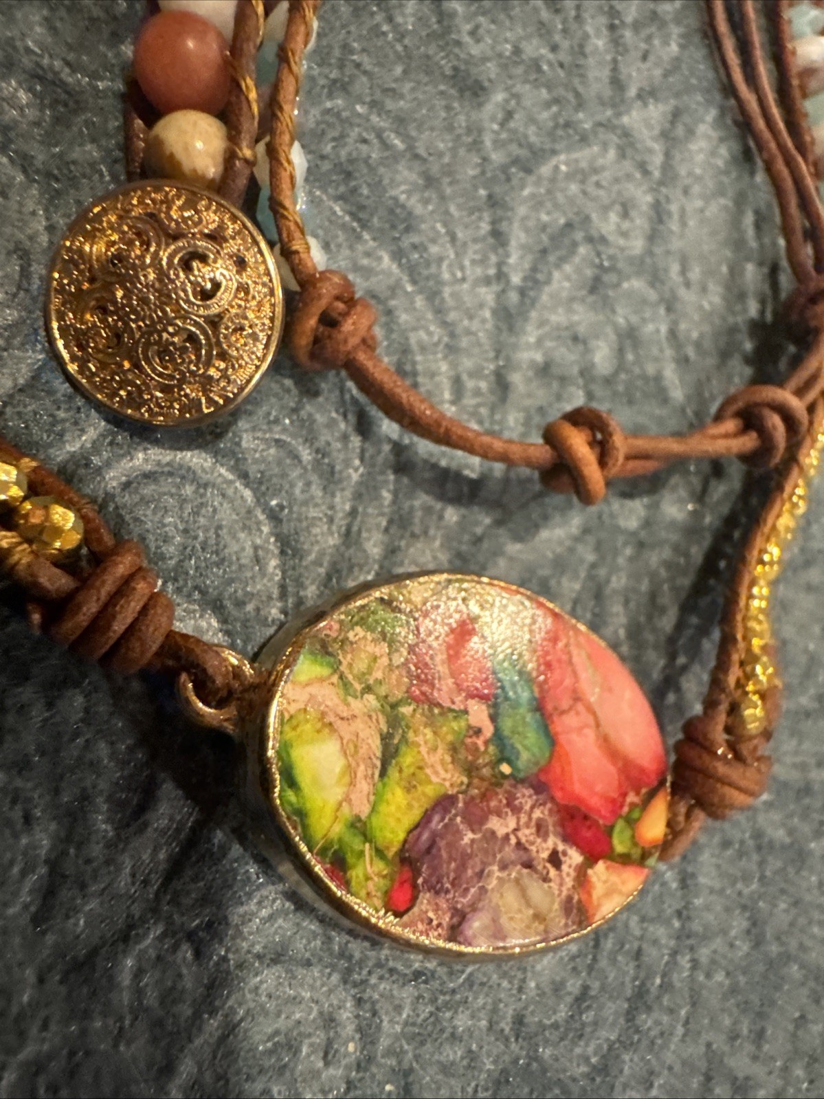 Leather And Mixed Stone Wrap Gold Tone Wrap Bracelet