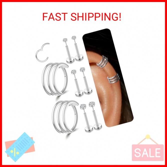 Silver Cartilage Hoop Earrings Triple Hoop 16G Helix Earrings with 3 Pairs Threa