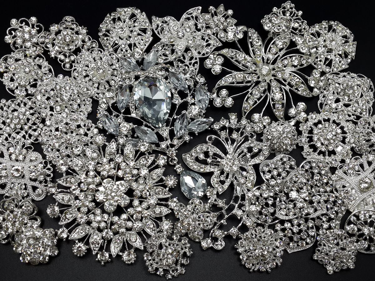 Lot 30pc Mixed Sliver Rhinestone Crystal Brooches Pin DIY Wedding Bridal Bouquet
