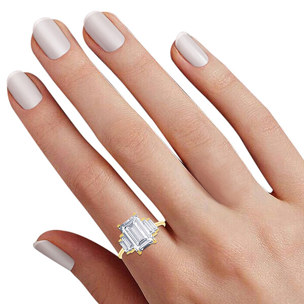 5 Stone Engagement Ring Emerald Cut Cubic Zirconia 14K Yellow Gold Plated Silver