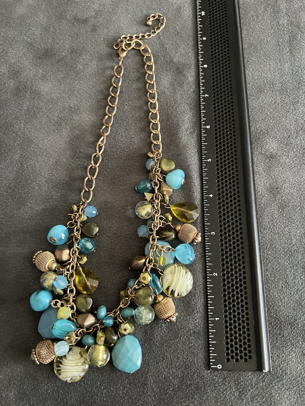 Multicolor Beaded Charm Necklace Turquoise Green Bronze 16”