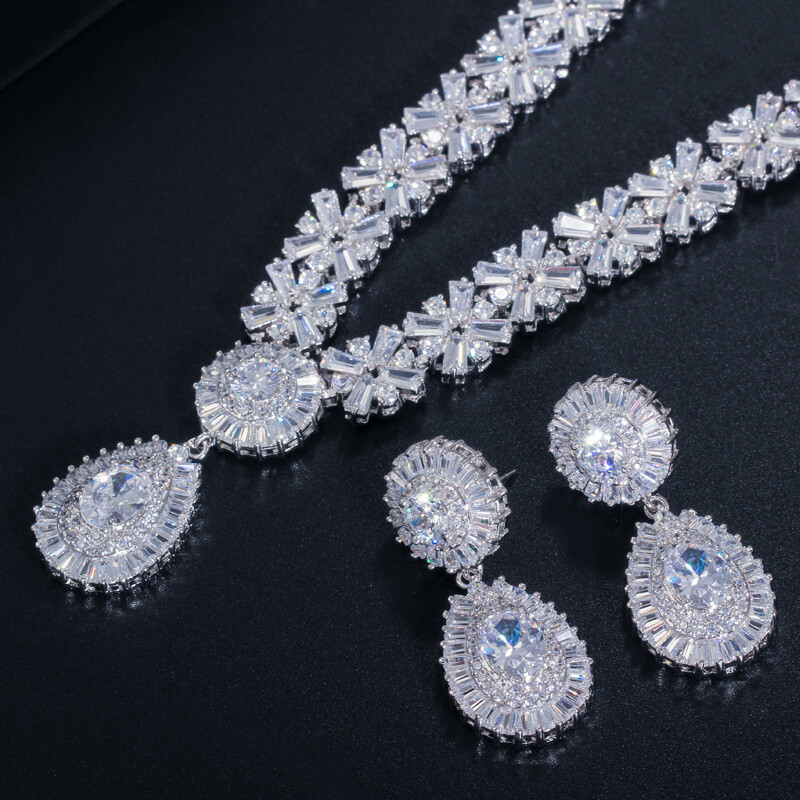 Gold Plated Water Drop Pageant Necklace Earring Bracelet CZ Zirconia Jewelry Set
