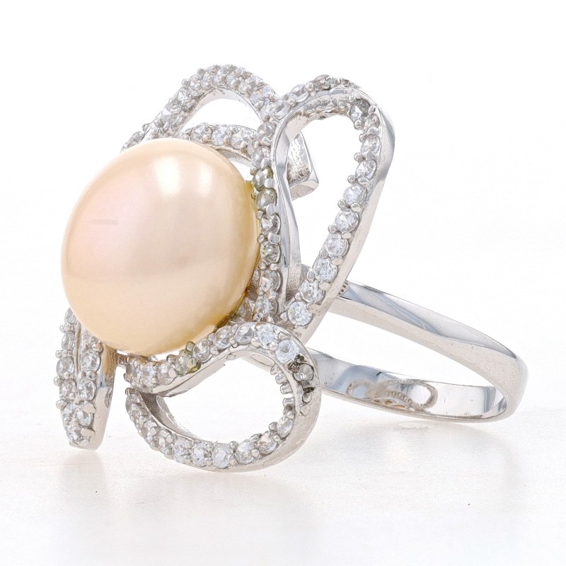New Cultured Light Pink Pearl CZ Flower Halo Ring – Sterling Silver Size 7